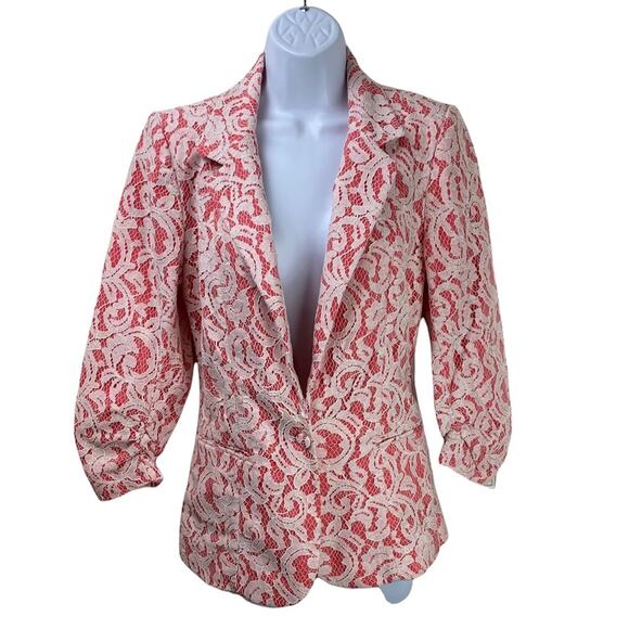 Tart Collections Blazer Single Button Lace Overlay Coral White Sz M NWT - Picture 1 of 8